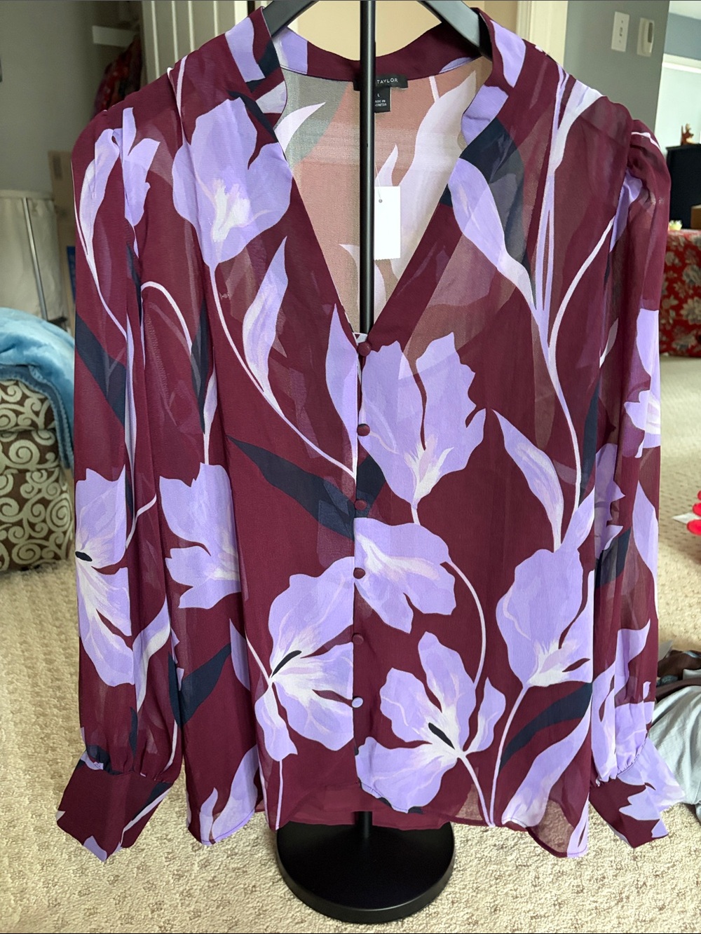 Ann Taylor Burgundy Blouse with Lavender Floral Print